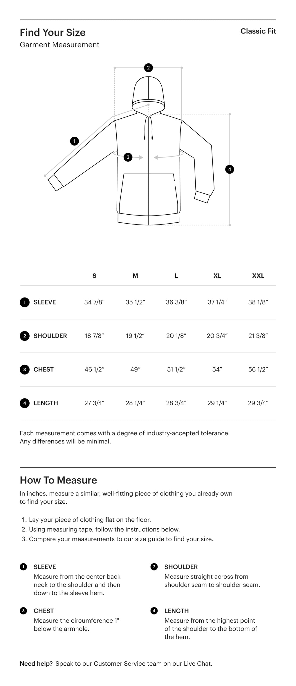 Herschel Supply Co. Men's Zip Up Hoodies size guide chart showing chest measurements: S 37-39, M 39-41, L 41-44, XL 44-46, XXL 46-48 inches.