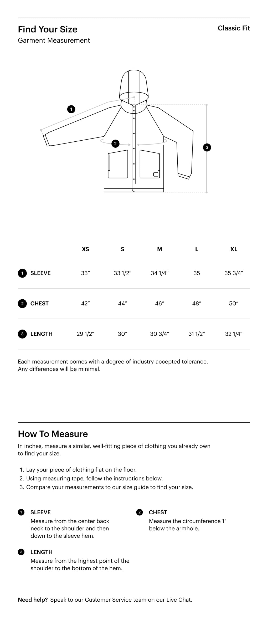 Herschel Supply Co. Women's Rain Jacket size guide chart showing measurements for XS (31-33 in chest), S (33-35 in), M (35-37 in), L (37-39 in), and XL (39-41 in).