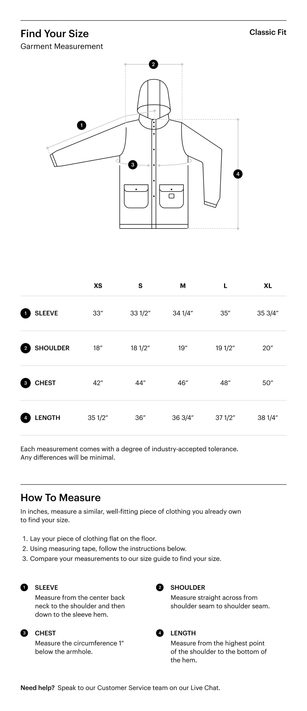 Herschel Supply Co. Women's Long Rain Jacket size guide chart showing chest and waist measurements for sizes XS, S, M, L, and XL.