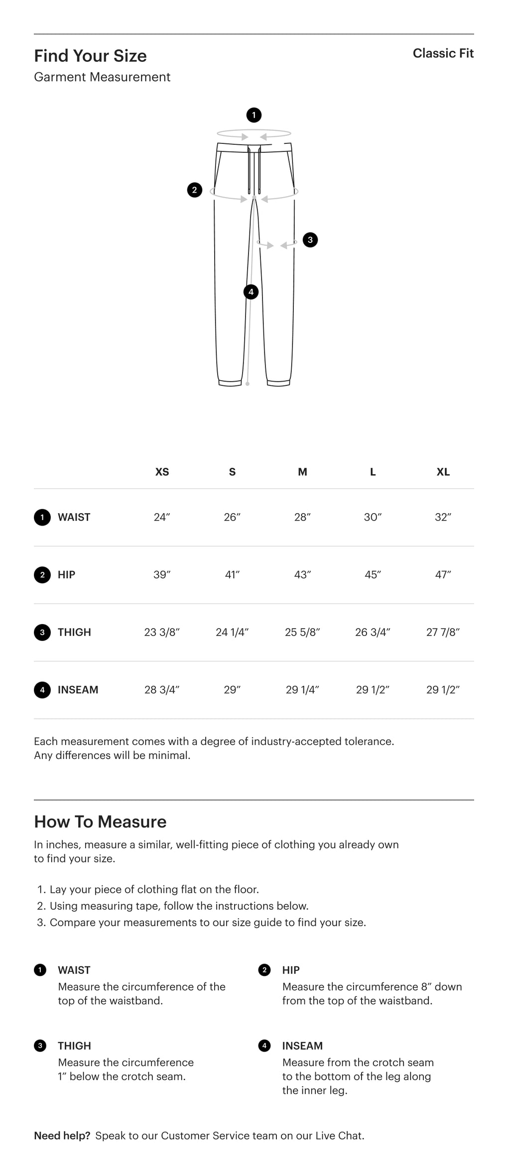 Herschel Supply Co. Women's Apparel Sizing Guide chart for sweatpants, listing waist and hip measurements in inches from size XS to XL.