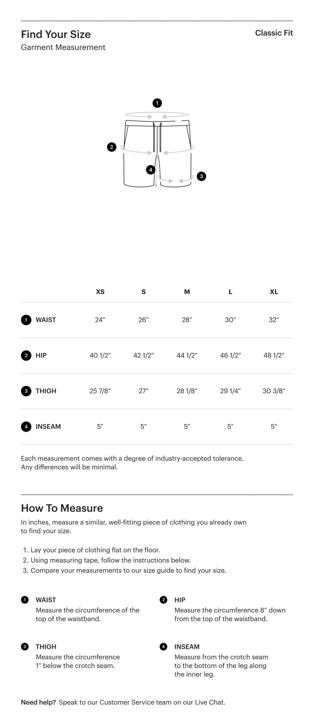 Herschel Supply Co. Women's Sweatshorts size guide chart showing hip measurements in inches: XXS 33-34, XS 35-36, S 37-38, M 39-41, L 42-45, XL 46-49.